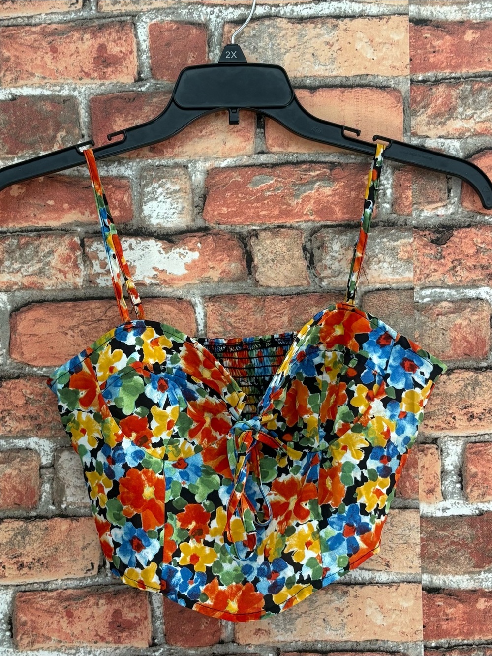 Cider Floral Tie-Front Crop Top - Orange, Blue, Yellow, Green, Cream
